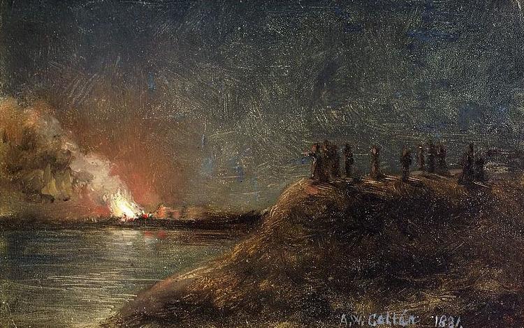 Tulipalon katselijat pitkansillan rannassa, Akseli Gallen-Kallela